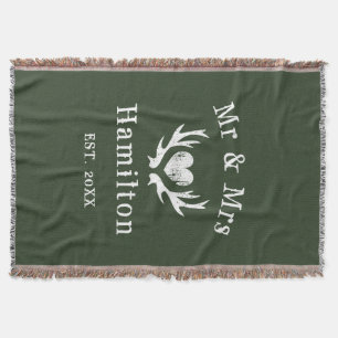 Vintage rustic deer antler mr and mrs hunter green throw blanket