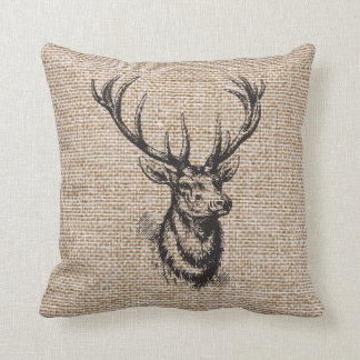 Vintage Rustic Deer Antlers on Faux Burlap Throw Pillow