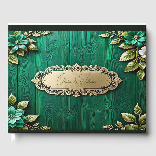 Vintage Rustic Emerald Green Gold flowers Wedding Guest Book