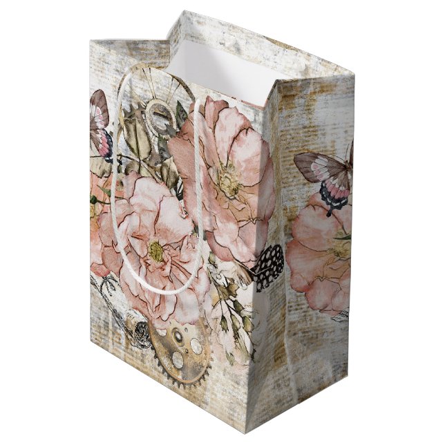 Vintage Rustic Ephemera Pink Floral Gift Bag (Back Angled)