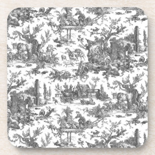 Vintage Rustic Farm French Toile-Black & White Coaster