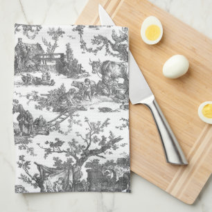 Vintage Rustic Farm French Toile-Black & White Kitchen Towel