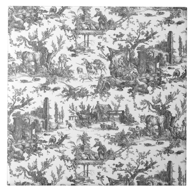 Vintage Rustic Farm French Toile-Black & White Tile (Front)