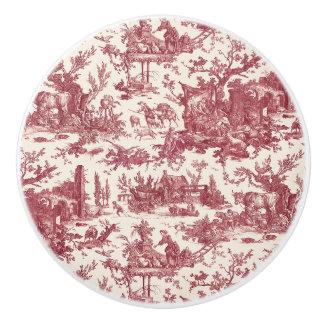 Vintage Rustic Farm French Toile-Red & Tan Ceramic Knob