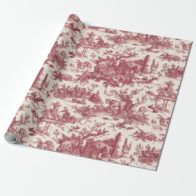Vintage Rustic Farm French Toile-Red & Tan Wrapping Paper (Unrolled)