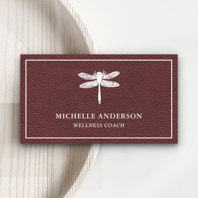 Vintage Rustic Faux Brown Leather Dragonfly Business Card (Creator Uploaded)