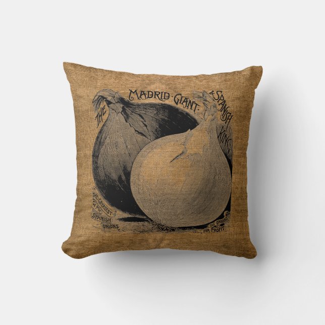 Vintage Rustic Faux Burlap Onion Sack Throw Pillow (Front)