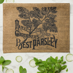 Vintage Rustic Faux Burlap Parsley Herb Sack Kitchen Towel
