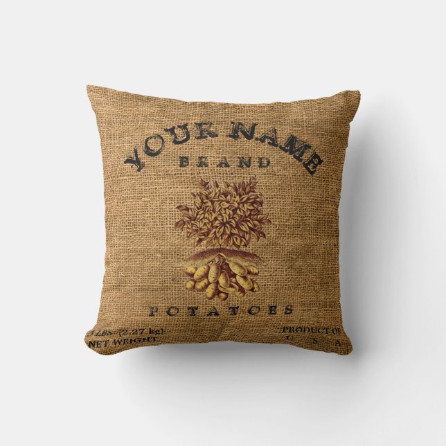 Vintage Rustic Faux Burlap Potato Sack Template Throw Pillow (Front)
