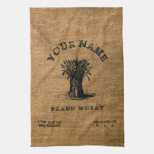 Vintage Rustic Faux Burlap Wheat Sack Template Kitchen Towel