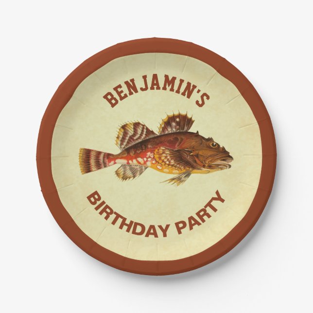 Vintage Rustic Fishing Birthday Party Paper Plate (Front)