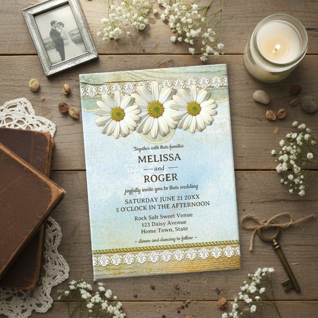 Vintage Rustic Floral Country Wedding Invitation (Wedding invitation featuring white daisies on a rustic painted background with wood and lace)