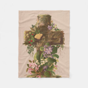 Vintage Rustic Floral Cross, Easter Card, Fleece Blanket