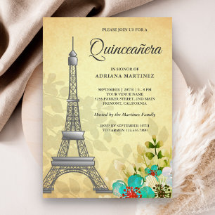 Vintage Rustic Floral Eiffel Tower Quinceanera Invitation