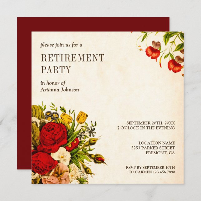 Vintage Rustic Floral Roses Retirement Party Invitation (Front/Back)