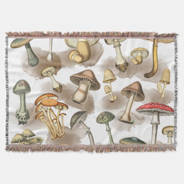 Vintage Rustic Forest Mushrooms Throw Blanket (Front)