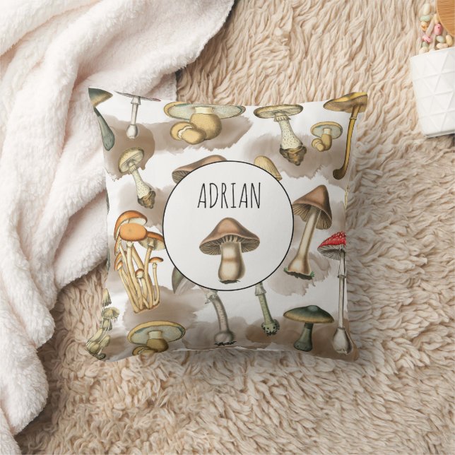 Vintage Rustic Forest Mushrooms Throw Pillow (Blanket)
