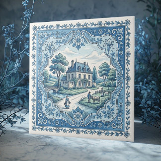 Vintage Rustic French Country Floral Toile Cottage Tile