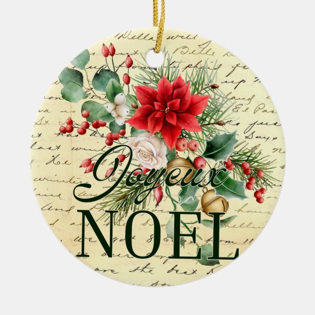 Vintage Rustic French Joyeux Noel  Ceramic Ornament (Front)