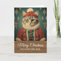 Vintage Rustic Funny Cat in Costume Christmas 