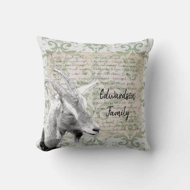 Vintage Rustic goat family monogram name Throw Pillow (Front)