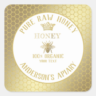 Vintage rustic gold bee crown honey comb honey jar square sticker