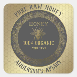 Vintage rustic gold bee honey comb honey jar square sticker