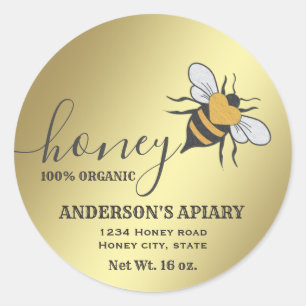 Vintage rustic gold bee logo script honey jar classic round sticker