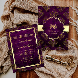 Vintage Rustic Gold Purple Damask Muslim Wedding Invitation