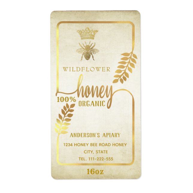 Vintage rustic gold queen bee honey branch jar (Front)