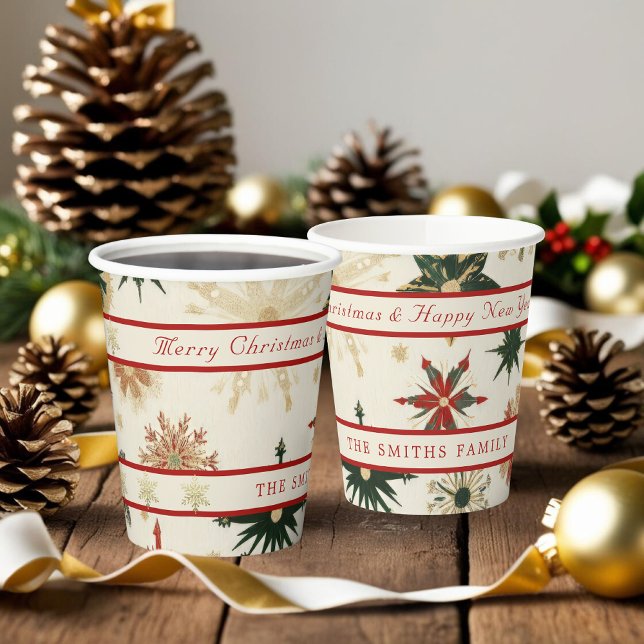 Vintage Rustic Gold & Red Snowflakes pattern  Paper Cups (Vintage Rustic Gold & Red Snowflakes pattern Paper Cups)