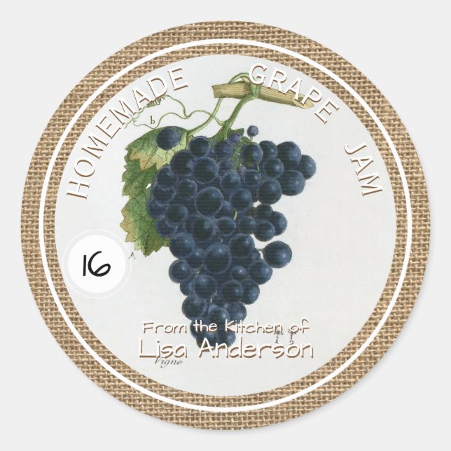 Vintage Rustic Grape Jam Round Sticker Label (Front)