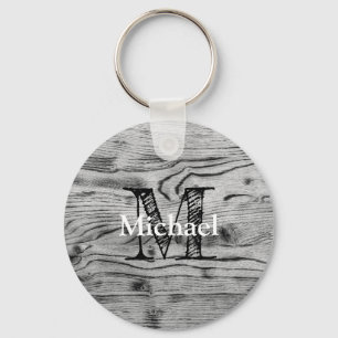Vintage rustic gray black burnt wood Monogram Keychain