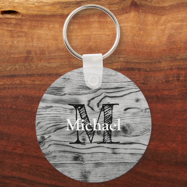 Vintage rustic gray black burnt wood Monogram Keychain (Front)