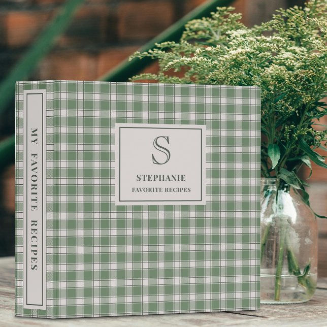 Vintage Rustic Green Gingham Plaid Monogram Recipe Binder (Creator Uploaded)