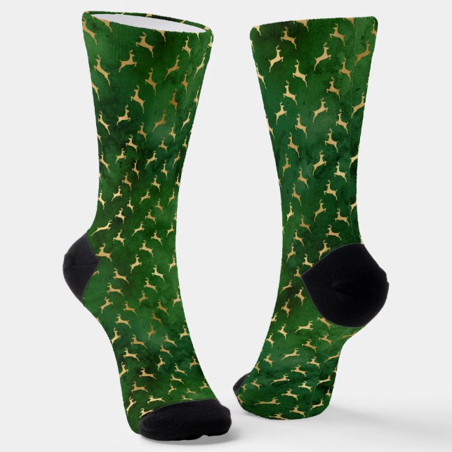 Vintage rustic green gold cute reindeers Christmas Socks (Angled)