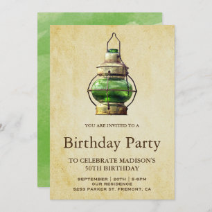 Vintage Rustic Green Lantern Birthday Party Invitation