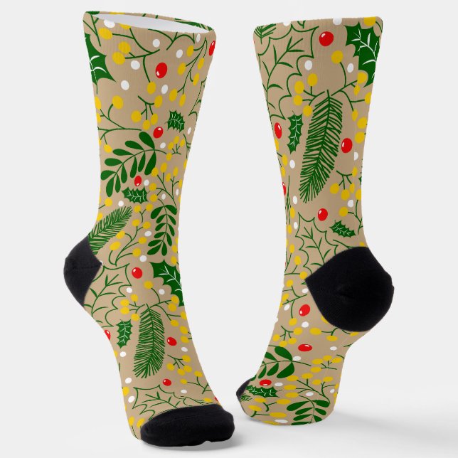 Vintage Rustic Greenery Holly Berry Christmas Socks (Angled)