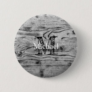 Vintage rustic grey black burnt wood Monogram 2 Inch Round Button
