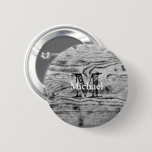 Vintage rustic grey black burnt wood Monogram 2 Inch Round Button