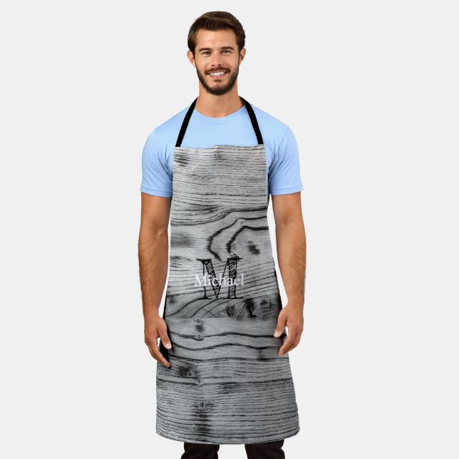 Vintage rustic grey black burnt wood Monogram Apron (Worn)