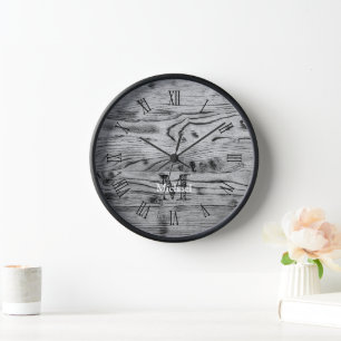 Vintage rustic grey black burnt wood Monogram Clock