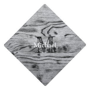 Vintage rustic grey black burnt wood Monogram Graduation Cap Topper