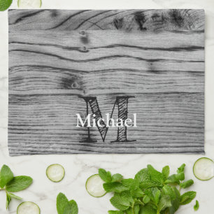 Vintage rustic grey black burnt wood Monogram Kitchen Towel