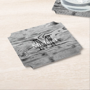 Vintage rustic grey black burnt wood Monogram Paper Coaster