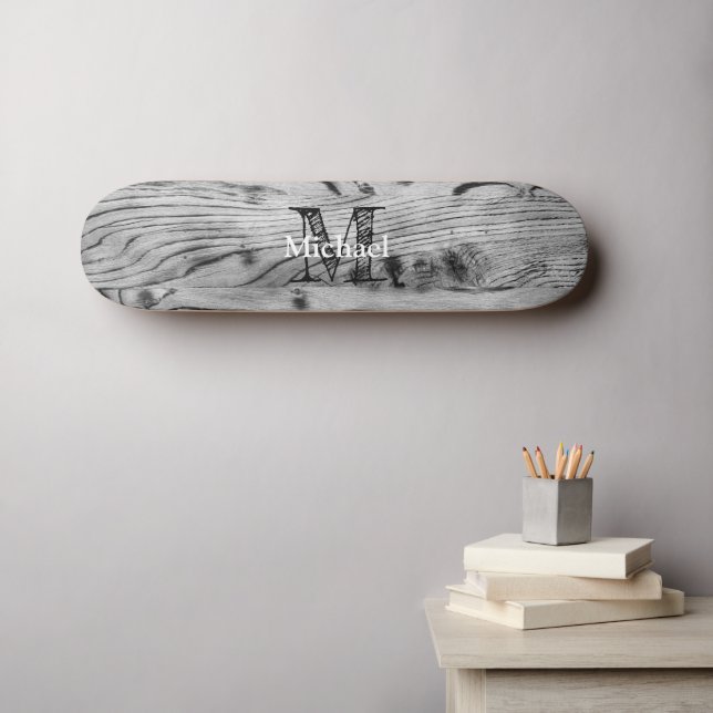 Vintage rustic grey black burnt wood Monogram Skateboard (Wall Art (Horz))