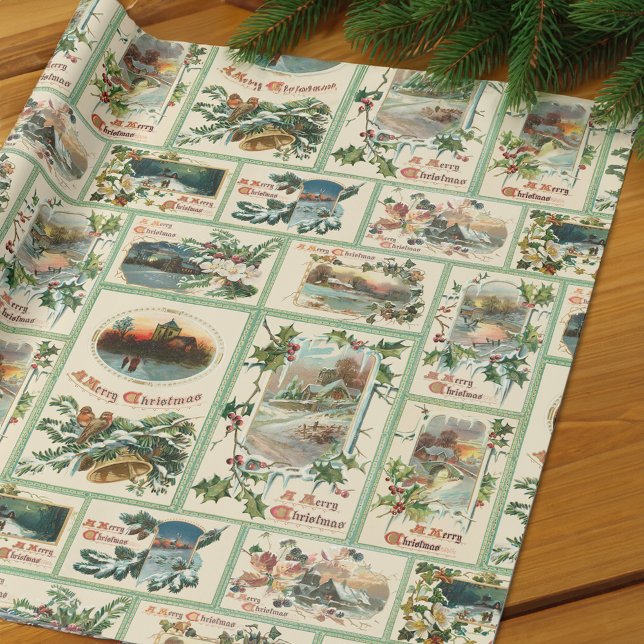 Vintage Rustic Holly Christmas Card Collage Wrapping Paper (Creator Uploaded)
