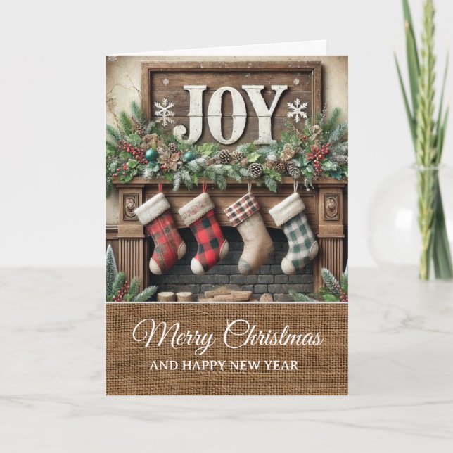 Vintage Rustic Joy Fireplace Merry Christmas  Card (Front)