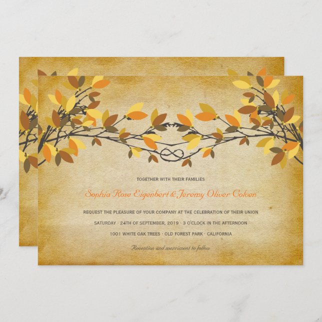 Vintage Rustic Knotted Love Trees Autumn Wedding Invitation (Front/Back)