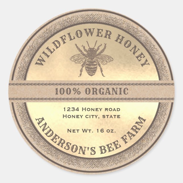 Vintage rustic Kraft bee  honey jar label (Front)